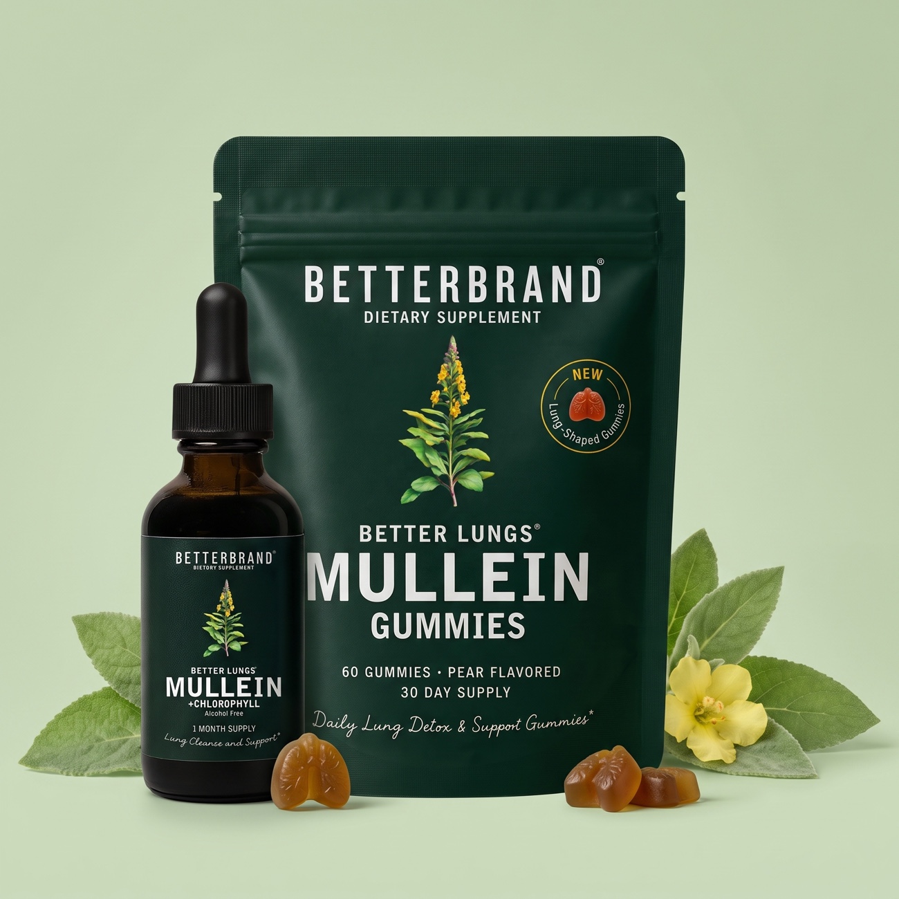 BetterLungs Mullein Gummies pouch and Mullein plus Chlorophyll tincture with fresh mullein