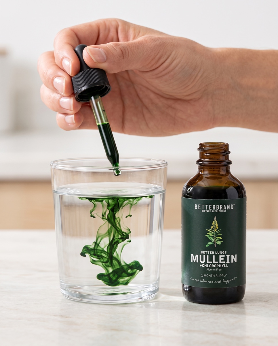 A hand adding two droppers of BetterLungs tincture into a glass of water