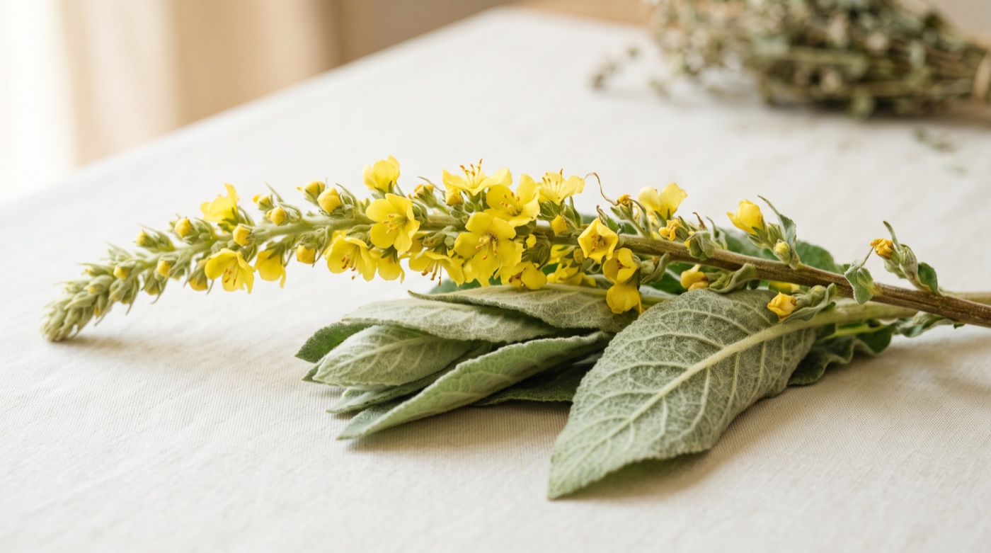 A fresh mullein plant with yellow flowers and soft green leaves
