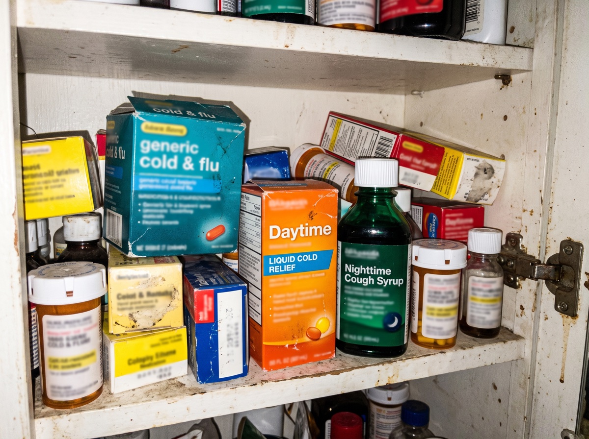 A crowded shelf of anonymous cough and cold medicine bottles